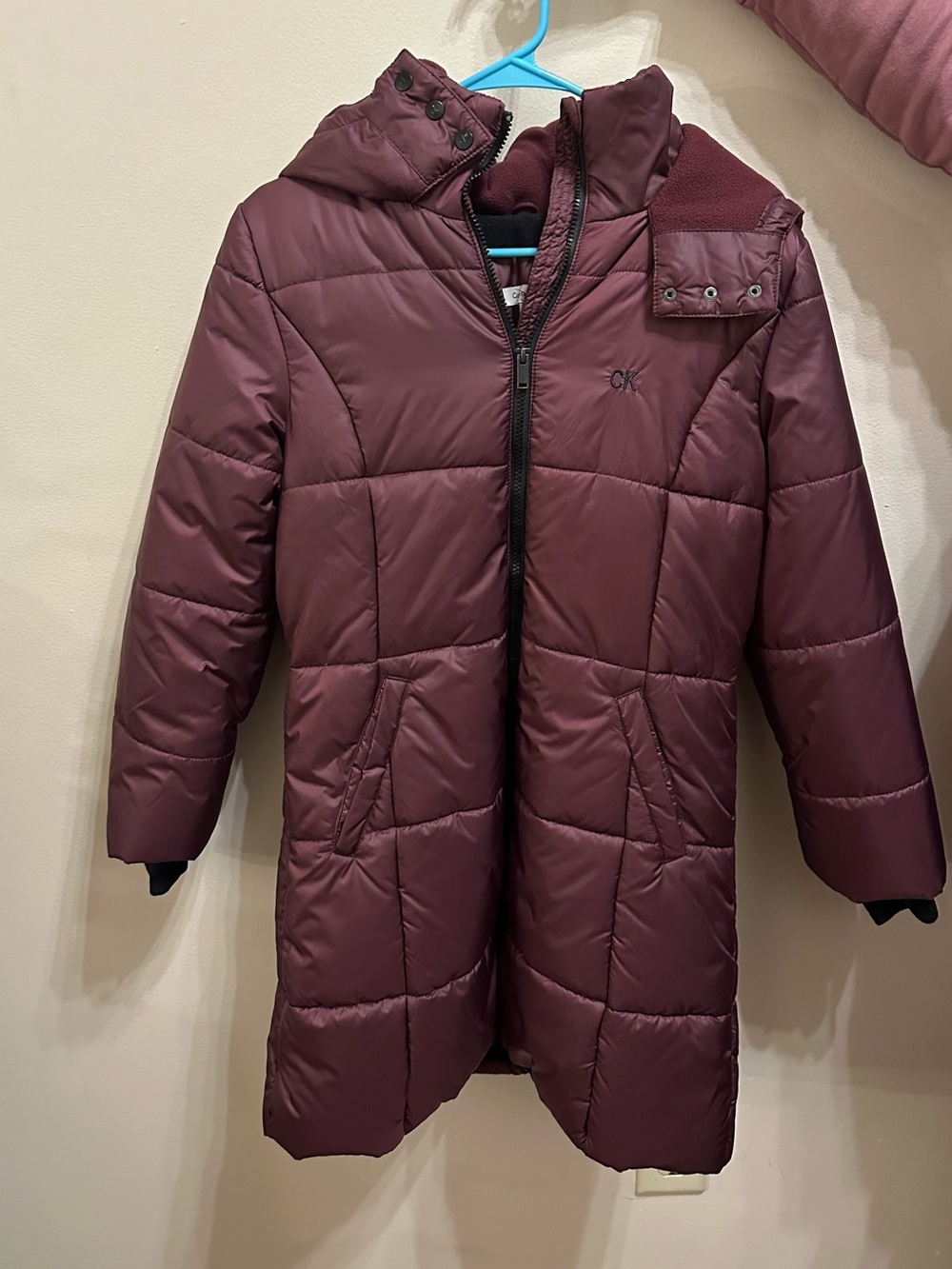NWT Calvin Klein Women’s XL Wine Quilted Long Puffer Coat with Hood